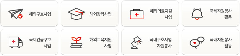  1. 해외구호사업,   2. 해외장학사업,   3. 해외의료지원사업,   4. 국제자원봉사활동,   5. 국제긴급구호사업
  6. 해외교육지원사업,   7. 국내구호사업,  8. 국내자원봉사활동